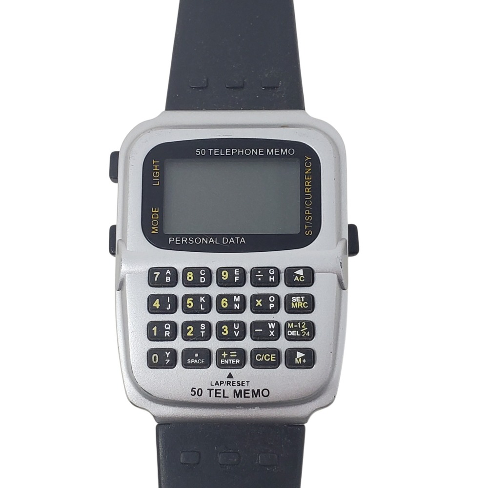 Vintage Style Calculator Watch Silver 50 Telephone Memo Personal Data Digital